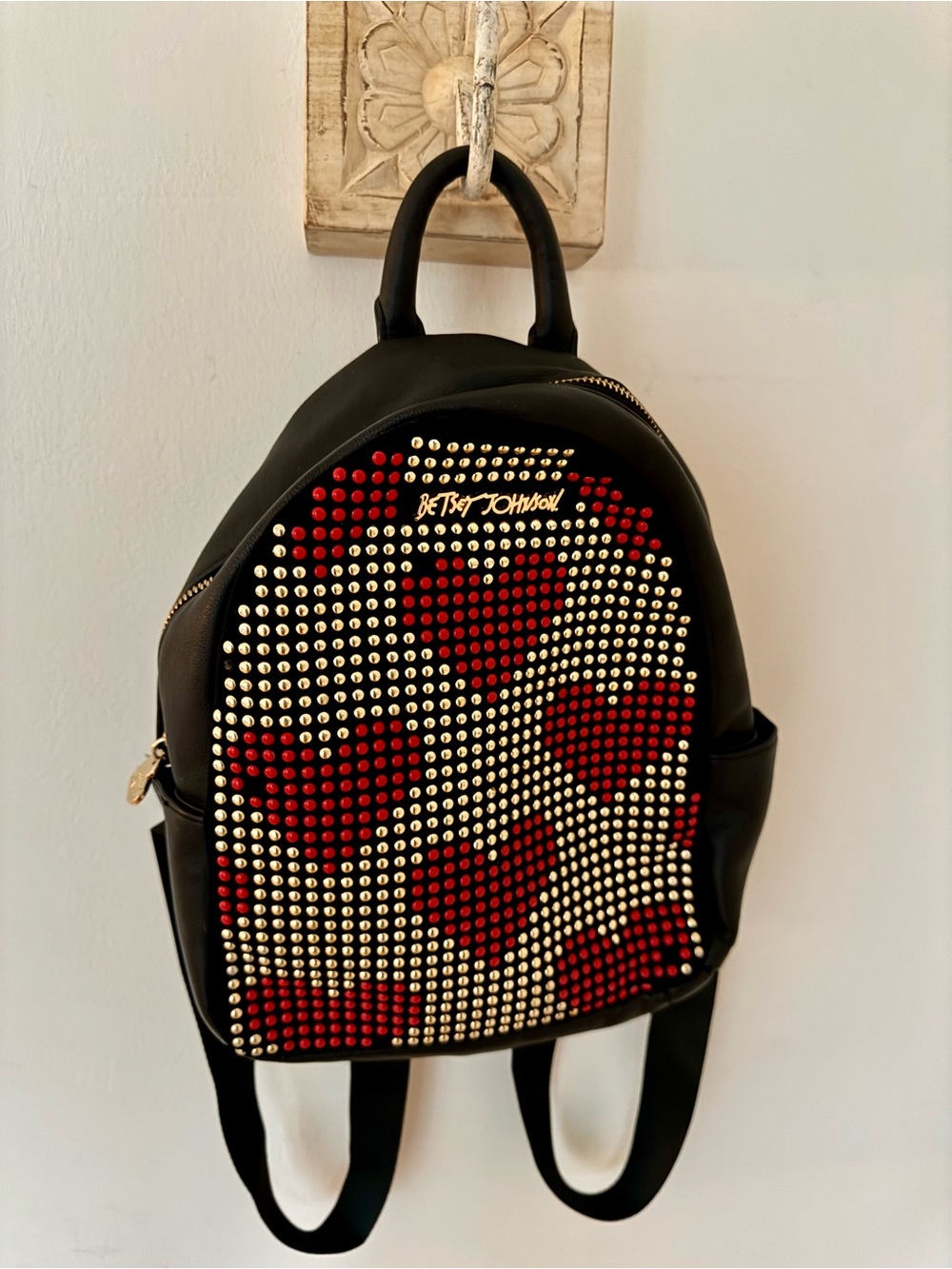 Betsey Johnson Black Mini Backpack with Red Heart Studs and Gold Accents